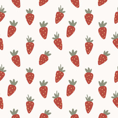 Strawberries pattern, colorful seamless vector pattern with cute hand drawn summer berries, seasonal dessert, pink and red fruit, good as fabric print, colored cartoon illustrations