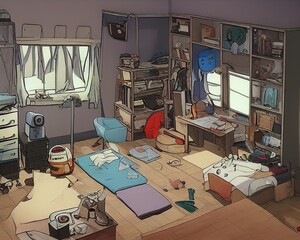 A teenage boy's dark and slightly messy bedroom, super detail,