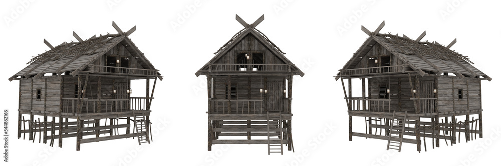 Poster set of 3 wooden medieval buildings isolated from 3 different angles. 3d illustration.