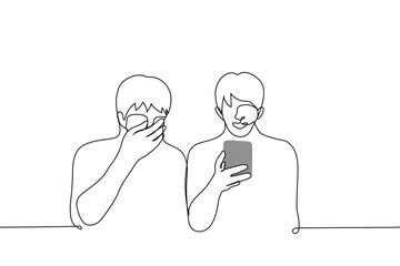men laugh looking into the phone - one line drawing vector. male friends look at phone screen and see something funny