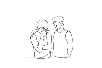 man bowed his head and is sad, and his friend comforts him by embracing his shoulder - one line drawing vector. concept emotional support, friendly support, comfort, empathy - obrazy, fototapety, plakaty