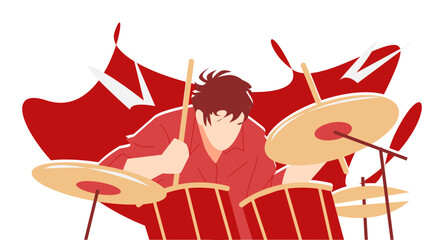 illustration of man playing drum. drummer. work hard. music, bands, hobbies, etc. flat design