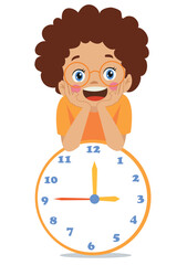 cute happy kid holding clock