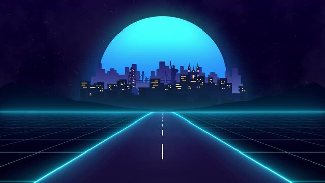 New York Night City Skyline Retro Style Animation, Statue of Liberty, United States of America, skyscraper-filled skyline, (Looping Background), Party and DJ, Disco Background