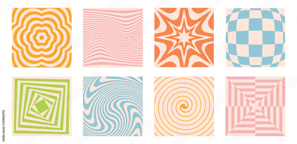 Poster vector backgrounds in groovy psychedelic style - abstract backdrops and design templates for social 