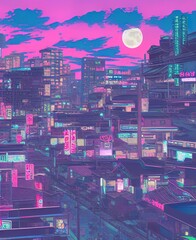 Synthwave japanese town with moon background, sharp focus, 8 k, high details..