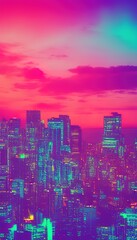 Night city, neon lights, glow, retrowave style, sunset