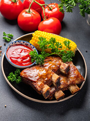 ribs grill pork barbecue rib fried meal food snack on the table copy space food background top