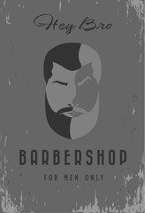 logo, poster, banner for a men's barbershop. Stylish male silhouette in gray