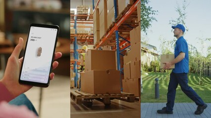Package Delivery Story in Split Screen Montage. Person Browsing Online Shop on Smartphone, Choosing Clothes, Hanbags, Ordering. Warehouse Workers Dispatch Package. Courier Hands Product to Customer - Powered by Adobe
