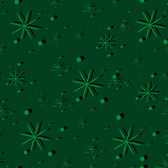 Beautiful christmas wrapping paper with snowflakes. Falling snow on green background. Design print for wallpaper or bed linen. Xmas backdrop. Geometric pattern for new year wrapping paper.