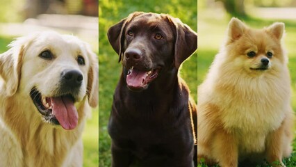 Cinematic Split Screen of Three Different Dogs, All Sweet, Cute and Cuddly. Golden Retriever, Labrador Retriever, Pomeranian. Awesome Friendly Pedigree Dogs Portraits Outside.