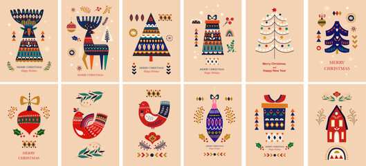 Christmas set in Scandinavian folk style with deers,  tree, gifts. Greeting Christmas cards  © moleskostudio