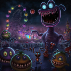 Group of scary alien monsters having fun at the amusement park. Colorful funny scenes of smiling horrible monster aliens at the fun fair