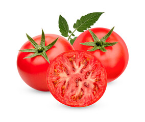 Fresh tomatoes with leaves isolsted on transparent background. (.PNG)