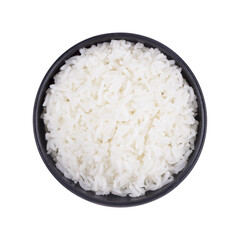 Rice in black bowl isolatedon transparent background. (.PNG). Top view