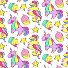 Seamless pattern with fabulous unicorns, cupcakes and stars. Purple fantasy pony. Vector illustration in cartoon style. Children's illustration.