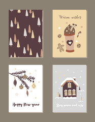 Set of Christmas and New Year cards. Cute pictures. Best gift for close people. Hand drawn illustration