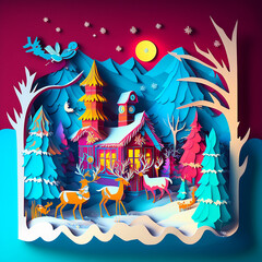 Beautiful Christmas Scenery Paper Cut Illustration, Magical Winter Landscapes Paper Craft, Colorful Christmas Scenes, fantasy world, Multidimensional Paper Cut Art style