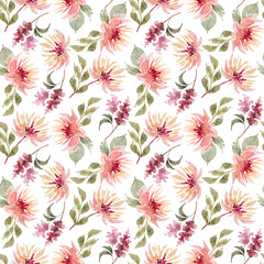 Seamless pattern with watercolor pink flowers and leaves, hand painted.