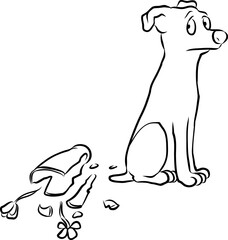 Hund sitzt schuldbewusst und voller Scham neben einer kaputten Blumenvase