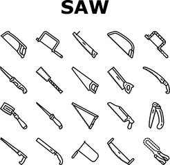 saw hand wood construction icons set vector. tool carpentry, handsaw blade, work manual, equipment sharp, metal carpenter, cut saw hand wood construction black contour illustrations