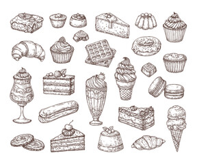 Sketch vector set of sweets, desserts, baked goods, candy in vintage style. Hand drawn piece of cake, cheesecake, tiramisu, brownie.