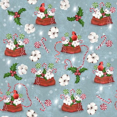 Seamless Christmas pattern with lollipops and red cardinal bird on a blue background - 544865985