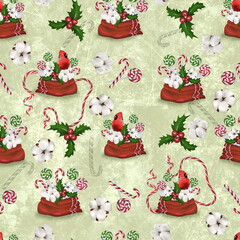 Seamless Christmas pattern with lollipops and red cardinal bird on a light background. - 544865997