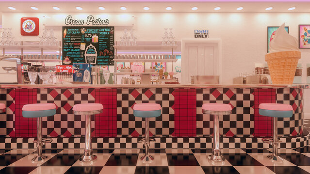 Vintage American ice cream parlour with black and white checked floor and pink stools at the bar. 3D rendering.