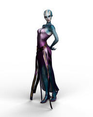 3D rendering of a fantasy alien woman science fiction character standing in a beautiful dress isolated on a transparent background.