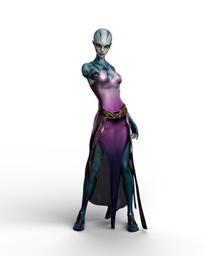 3D rendering of a beautiful fantasy alien female with blue skin and bald head standing and pointing at the camera isolated on transparent background.