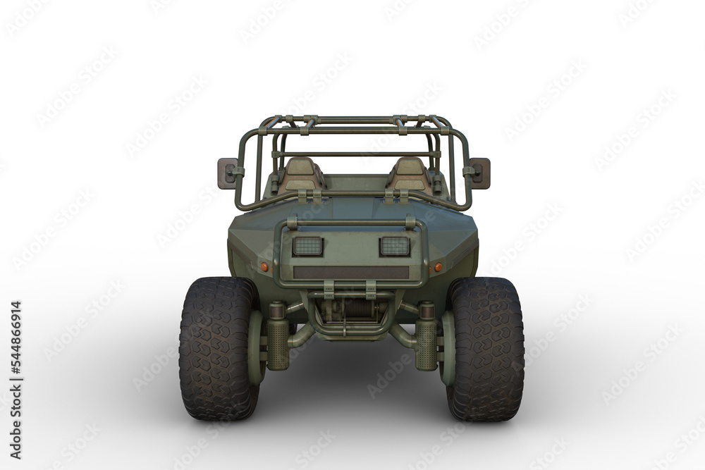 Poster 3D rendering of a green military all terrain vehicle viewed from the front isolated on a transparent background.