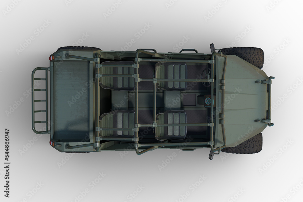 Poster 3d rendering of a green military all terrain vehicle viewed from above isolated on a transparent bac