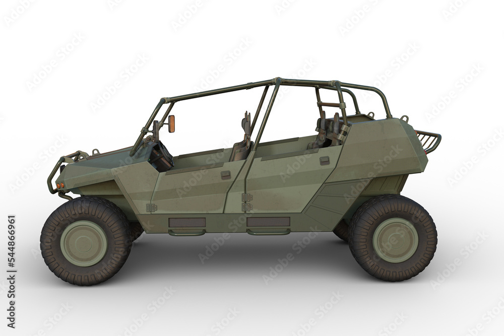 Poster Side view 3D rendering of a military all terrain vehicle isolated on a transparent background.