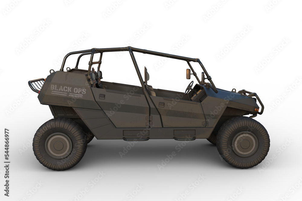 Poster 3d rendering of a black ops military all terrain vehicle seen from the side isolated on a transparen