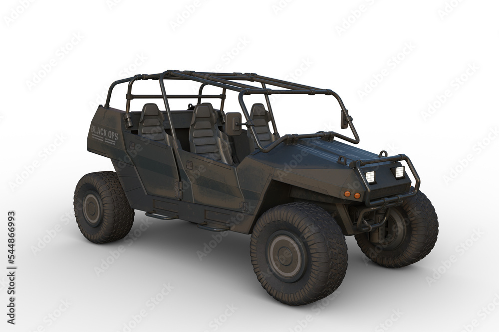 Poster 3d rendering of a black ops military all terrain vehicle isolated on a transparent background.