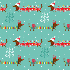 Cute dachshund in Santa hat. Funny christmas print. Seamless pattern. Vector.