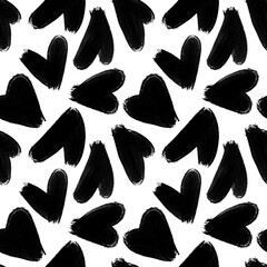 Black hearts on white background seamless pattern.