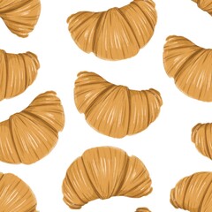 Freshly baked croissants seamless pattern. For use on tablecloths, curtains, wallpaper, coasters, packaging wrap.