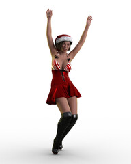 Beautiful happy young woman in red dress and Santa hat dancing with arms raised at Christmas. 3D illustration isolated on transparent background.