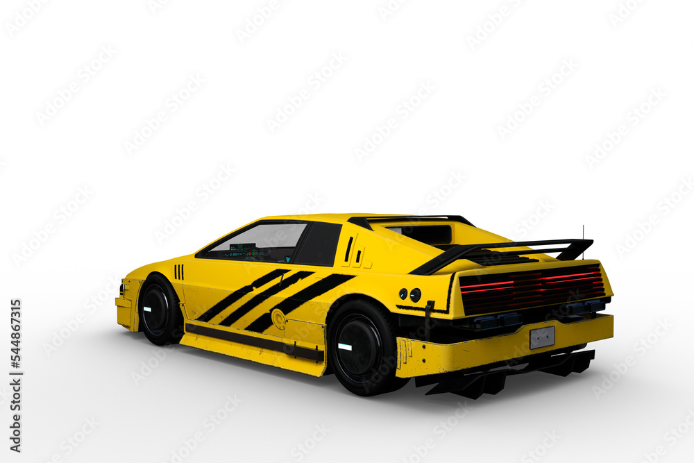 Poster rear perspective 3d rendering of a yellow and black cyberpunk style futuristic car isolated on a tra