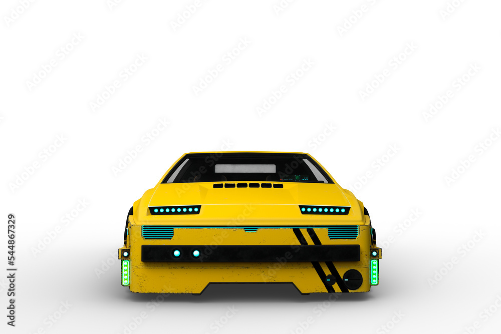 Poster Front view 3D rendering of a yellow and black cyberpunk style futuristic car isolated on a transparent background.