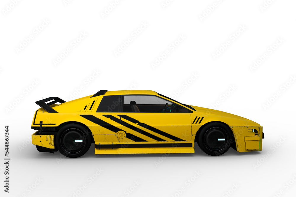 Poster Side view 3D rendering of a yellow and black cyberpunk style futuristic car isolated on a transparent background.