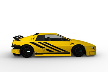 Side view 3D rendering of a yellow and black cyberpunk style futuristic car isolated on a transparent background.