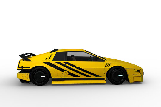 Side view 3D rendering of a yellow and black cyberpunk style futuristic car isolated on a transparent background. © IG Digital Arts