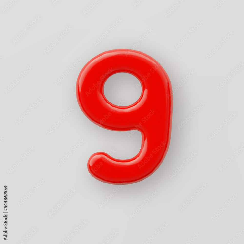 Fototapete 3d red plastic number 9 with a glossy surface on a gray background.