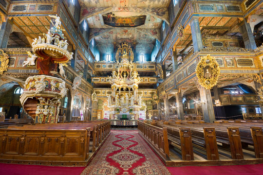 Interior of the Protestant Church of Peace in Swidnica. It is one of the biggest timber-framed religious buildings in Europe. In 2001 the Church was inscribed on the World Heritage List of UNESCO