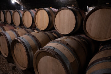 Stages of wine production from fermentation to bottling, visit to wine cellars in Burgundy, France. Aging in wooden barrels.