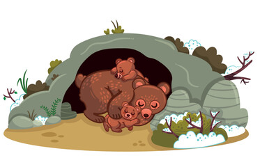 Vector illustration of bear family hibernating in their cave. - obrazy, fototapety, plakaty